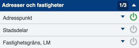 Menyskärm från ett digitalt kartverktyg visar "Adresser och fastigheter" med alternativ som "Adresspunkt" och "Fastighetsgräns, LM".