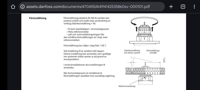 Diagram över förinställning av RA-N-ventil med instruktioner för justering, inklusive referensmarkering och fabriksinställning "N".