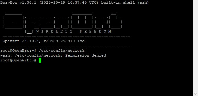 Terminalvisning av OpenWrt-version 24.10.4 med ett "Permission denied"-fel vid försök att komma åt "/etc/config/network".