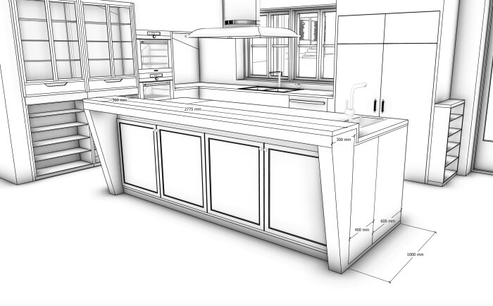 3D-ritning av en köksö med 1300 mm djup och inbyggt låd- och hyllsystem, visande olika skåp- och överhängsmått.