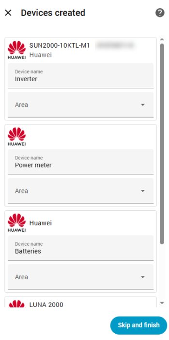 Huawei enhetslista med SUN2000-10KTL-M1 inverter, elmätare och batterier, teknikinställningar.