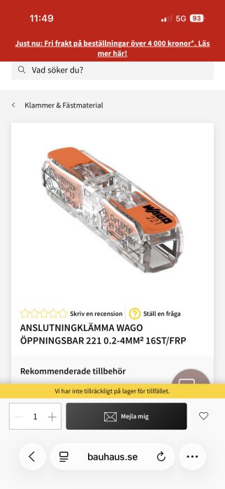 Anslutningsklämma Wago 221, öppningsbar, för kabelanslutning 0,2-4 mm², visas mot vit bakgrund.