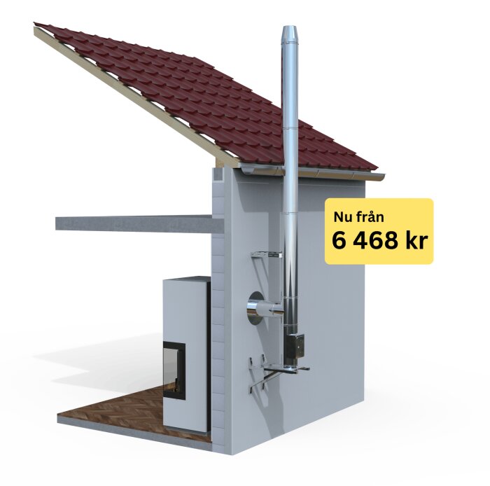 Del av hus med snedtak och skorsten, synlig isolering och prisetikett "Nu från 6 468 kr".