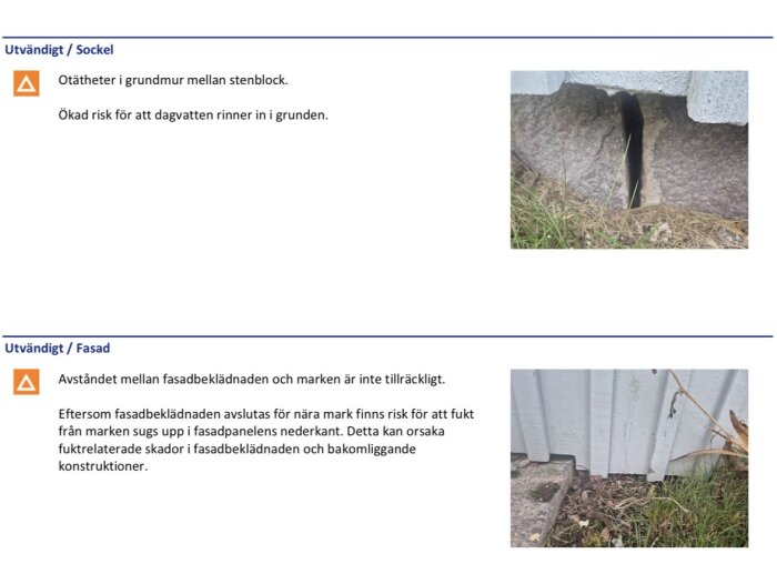 Spricka i grundmur mellan stenblock nära marknivå, omgiven av gräs.