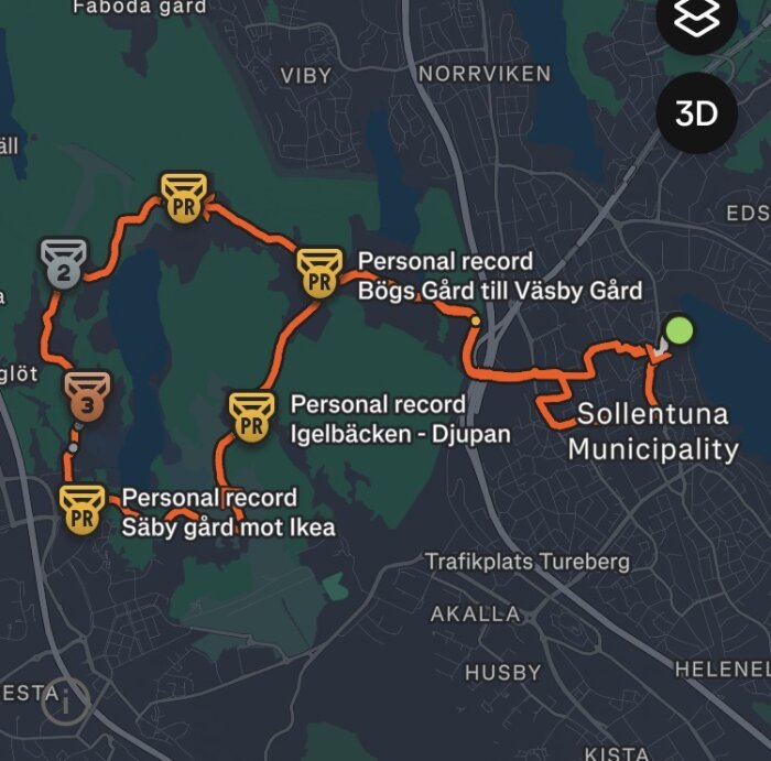 Löpstråka med markerade personliga rekord runt Sollentuna kommun, kartan visar färdvägen med start och personrekordpunkter vid Bögs Gård, Igelbäcken och Såby gård.