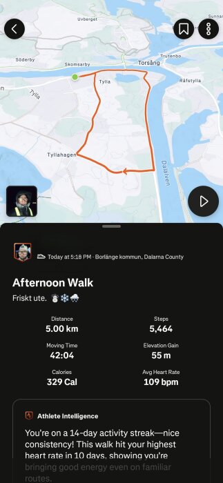 Karta över en promenadrunda på 5 km nära Torsång med statistik; 329 kalorier, 5 464 steg, och en genomsnittlig hjärtfrekvens på 109 bpm.