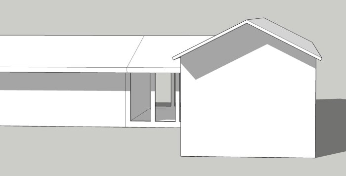 Illustration av en byggnad med takförlängning; fokus på potentiella problem med takanslutningar vid utbyggnad.