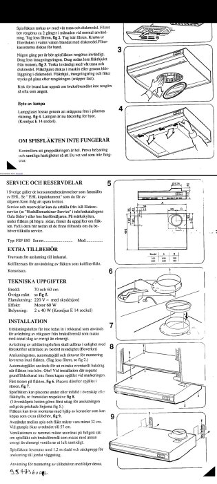 Manuell för SF 635/735 spisfläkt med illustrationer av underhåll och monteringsanvisningar, inklusive upphängning med konsoler.