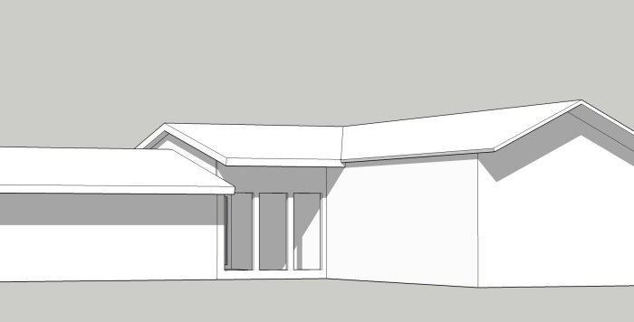 3D-modell av ett hus med två gaveltak och stora fönster, visad i en enkel skissstil.