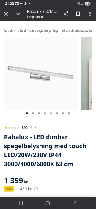 LED dimbar spegelbelysning från Rabalux med touchfunktion, 20W, 230V, IP44, tre färgtemperaturer och mått 63 cm.