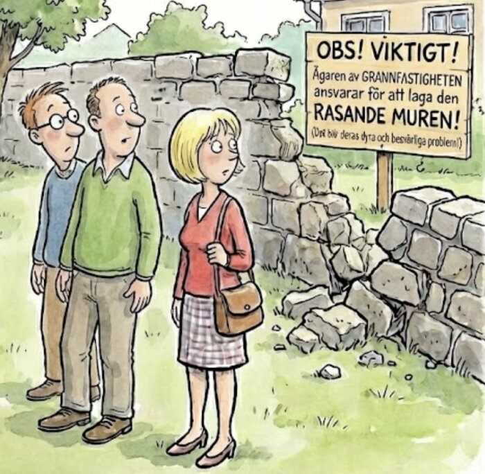 Tecknad bild av tre personer som tittar på en fallfärdig mur och en skylt som säger att fastighetsägaren måste reparera muren.