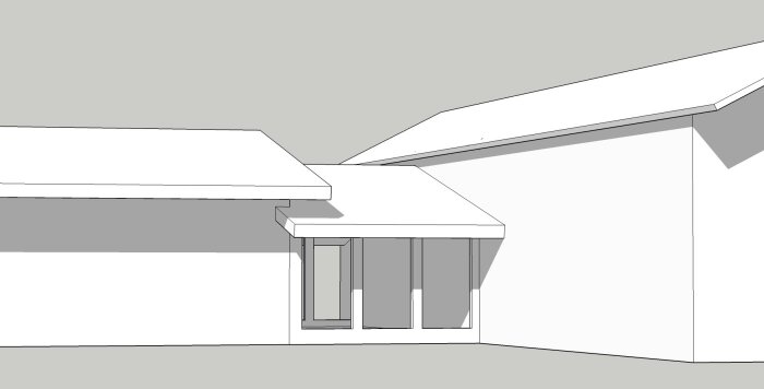 3D-modell av en byggnad med flera taklutningar och stora fönster, sett från en låg vinkel.