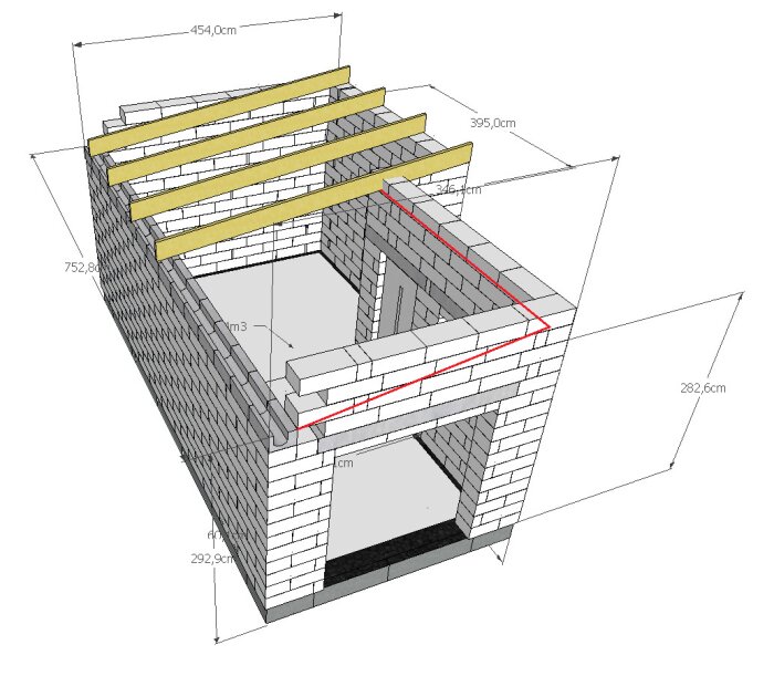 3D-ritning av byggnad med inramad, indragen vägg och gaveltak. Röda linjer visar skärsnitt på väggen. Mått på vägglängder och takbjälkar.