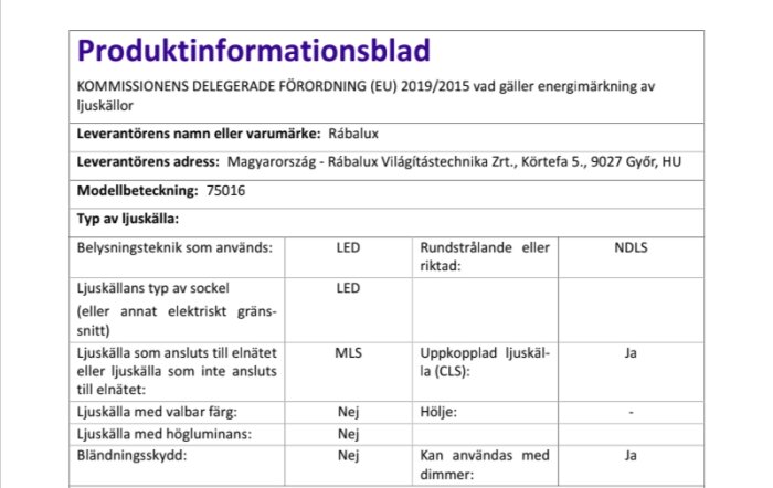 Produktinformationsblad för Rábalux ljuskälla, modell 75016, visar belysningsteknik, sockeltyp och andra specifikationer.