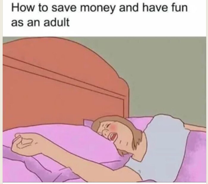 Animerad teckning av en sovande person i sängen med texten "How to save money and have fun as an adult" överst i bilden.