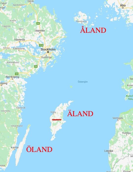 Karta över Östersjön där Gotland bytts ut mot "Äland" och Åland, Gotland och Öland är presenterade med olika namn.