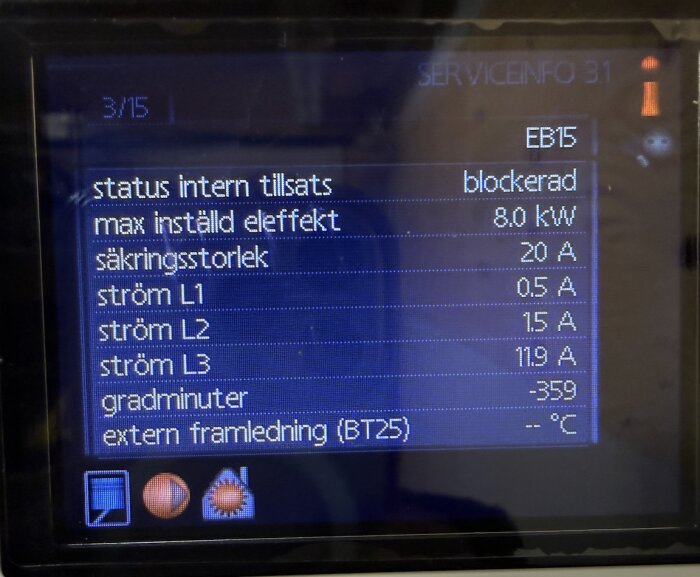 Skärmdump av en kontrollpanel som visar inställningar för effekt och ström, inklusive max inställd effekt på 8,0 kW och olika strömnivåer.