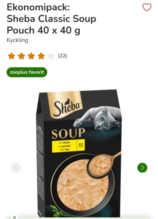 Förpackning av Sheba kycklingssoppa för katter, ekonomipack 40 x 40 g, med bild på soppa och katt.