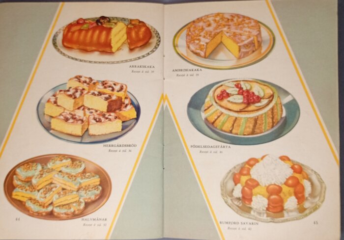 Illustrerade bilder av sex bakverk: arrakskaka, ambrosiakaka, herrgårdsbröd, födelsedagstårta, halvmånar och Rumford savarin, alla med receptangivelser.