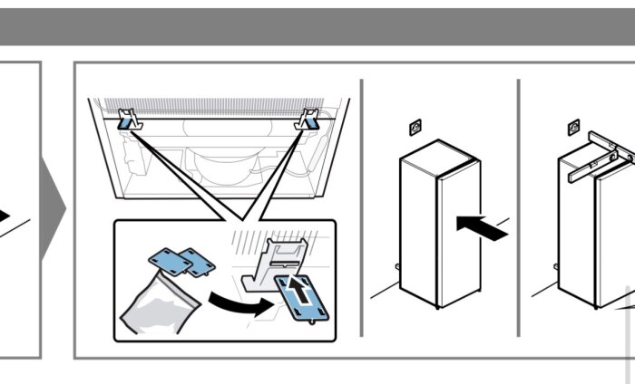 Illustration som visar montering av distanser på ett skåp med installationsanvisningar och pilar som indikerar montering.