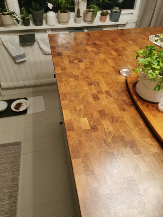 Träbänkskiva behandlad med hårdvaxolja, omgiven av växter på fönsterbrädan och en grön växt på bänken.