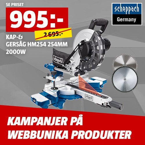 Kap- och gersåg Scheppach HM254 med 2000W effekt och 254 mm klinga, marknadsförd till specialpris 995 kr, med extra klinga i bild.