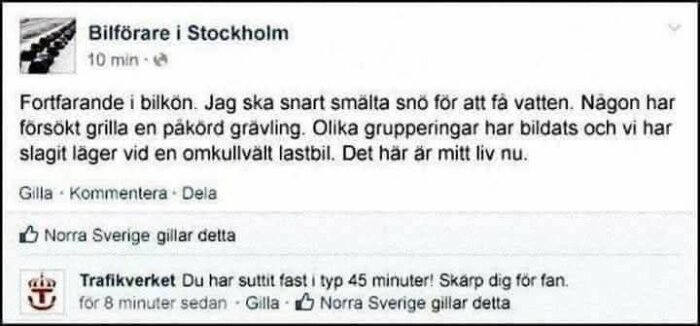 Skärmdump av ett Facebook-inlägg där en förare beskriver en kaotisk trafikstockning. Trafikverket svarar sarkastiskt om väntetiden.