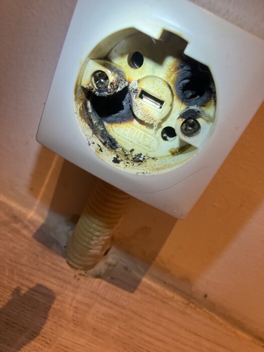 Skadat spisuttag med brända kontaktbleck och spår av överhettning samt smältning på ytan.