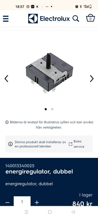 Dubbel energiregulator för Husqvarna QSG7132W, avbildad med Electrolux-logotyp. Designad för installation av professionell tekniker.