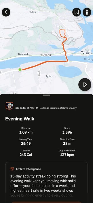 Karta visar en kvällspromenad på 3,09 km runt Torsång. Information inkluderar steg, kalorier, tid, höjdökning, och genomsnittlig puls.