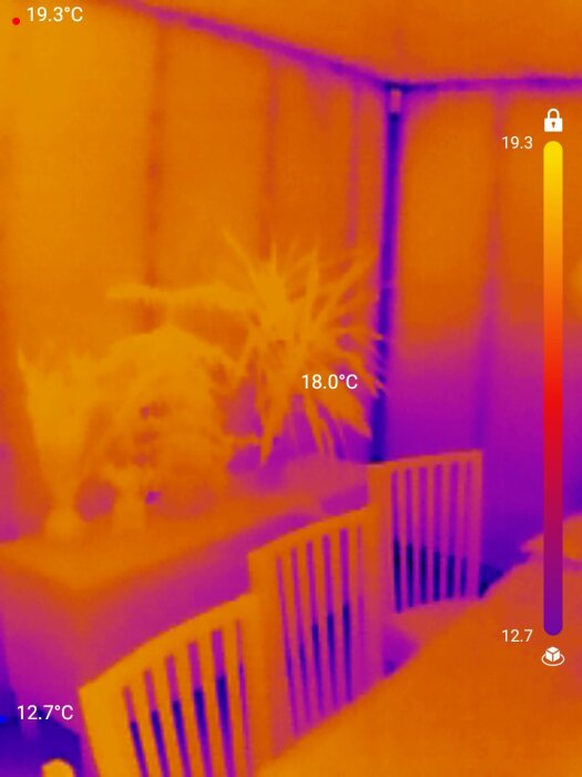 Värmebild av en matplats som visar temperaturvariationer och köldbryggor i yttervägg, tagen med Topdon TC001 kamera.