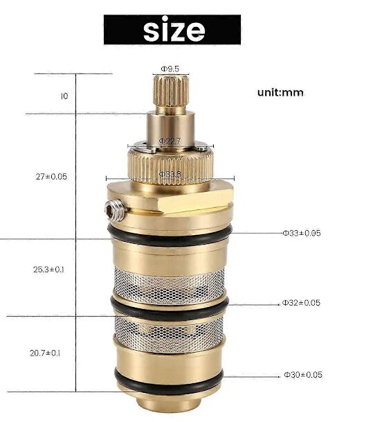 Termostat med låsskruv undertill, visad i olika storleksmått i millimeter.