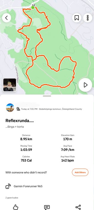 En löprunda på 8,95 km i Söderköping, med karta och detaljerad statistik som tid, kalorier och puls, spårad med Garmin Forerunner 965.