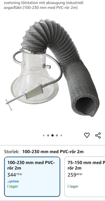 Ventilationsrör med transparent tratt och flexibel slang, 100-230 mm, för anslutning till industriell fläkt eller lödstation, med avgasutsug.