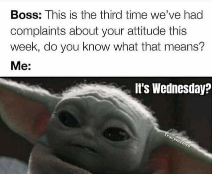 Meme med textdialog mellan chef och anställd, under en bild på en söt figur med stor ögon som svarar "It's Wednesday?".