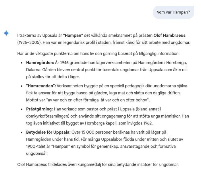 Textdokument som beskriver Olof Hambraeus liv och gärning, inklusive Hamregården och hans betydelse i Uppsala.