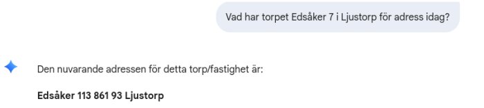 Dialog om nuvarande adress för torpet Edsåker 7 i Ljustorp, listad som Edsåker 113 861 93 Ljustorp.