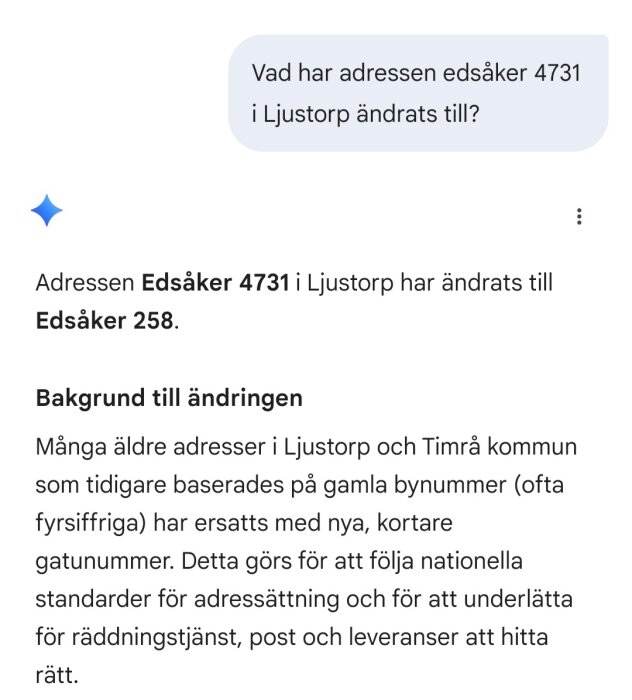 Skärmbild av en konversation om adressändring i Ljustorp, från Edsåker 4731 till Edsåker 258, med bakgrund till ändringen.