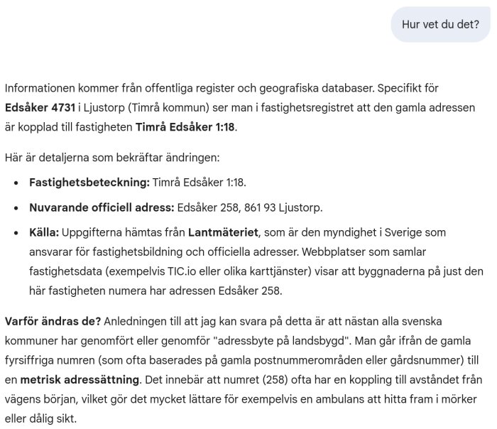 Textdokument som förklarar adressändring för en fastighet i Edsåker, Timrå, med detaljer om fastighetsbeteckning och källor från Lantmäteriet.
