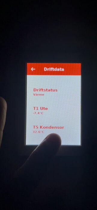 Termostatdisplay visar driftdata för Thermia Ventec, inklusive "T1 Ute: -7,4°C" och "T5 Kondensor: 32,6°C".