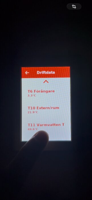 Driftdataskärm för Thermia Ventec med temperaturer: T6 Förångare 3,3°C, T10 Extern/rum 21,9°C, T11 Varmvatten 49,6°C. Finger pekar.