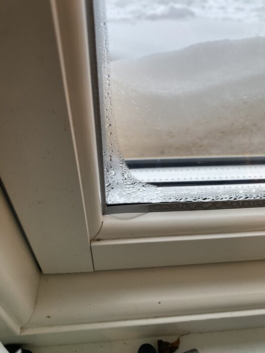 Kondensdroppar synliga på insidan av ett fönster i ett nyproducerat hus, med snö utanför. Problemet uppstår vintertid, trots FTX-ventilation.