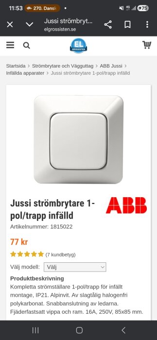 Väggmonterad Jussi vippströmbrytare från ABB i vitt, artikelnummer 1815022, för infällt montage, pris 77 kr, med fem stjärnor i kundbetyg.