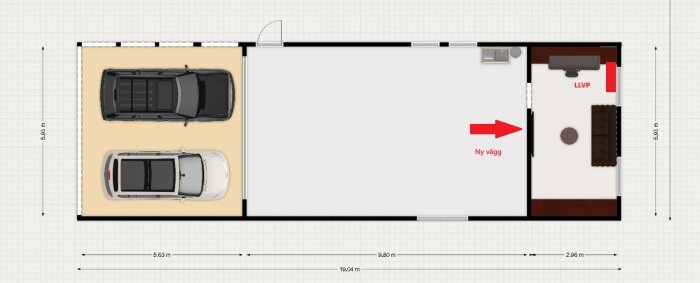 Planritning över garage med två bilar, föreslagen väggplacering för kontor, och plats för luftvärmepump.