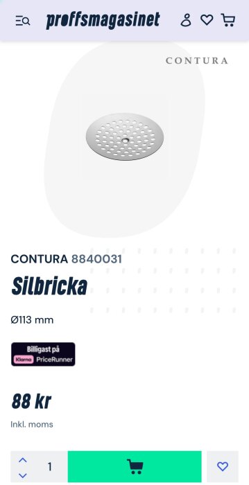 Rund silbricka med hålmönster, modellnamn Contura 8840031, diameter 113 mm, pris 88 kr hos Proffsmagasinet.
