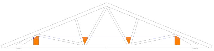 Ritning av takkonstruktion med orangea fästpunkter och planerade reglar för att anlägga landgång på garagevind.