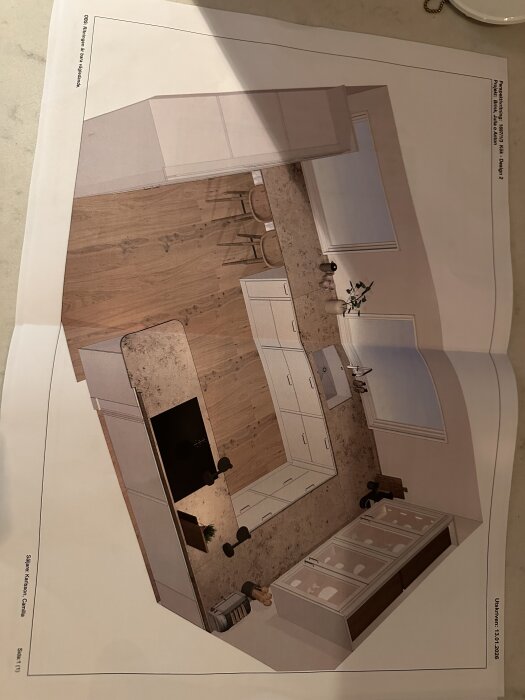 3D-design av ett kök med L-formad bänkskiva, spis och vask. Bakgrund med fönster och skåp. Trägolv och ljus inredning.