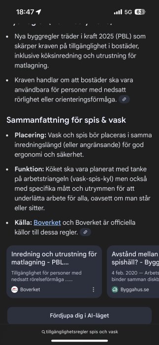 Skärmbild med text om nya byggregler 2025 för kök. Fokus på placering och funktion av vask och spis för ergonomi och säkerhet. Källa: Boverket.