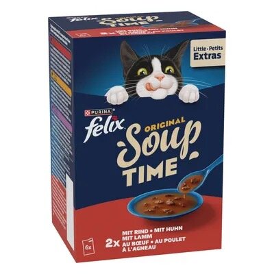 Förpackning av Felix Original Soup Time kattmatsjuice med en bild av en katt och text på olika språk, inklusive tyska och franska.