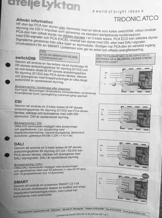 Manual för Atelje Lyktan plafond med information om styrning av HF-don typ PCA via switchDIM, DSI, DALI och SMART system, samt elanslutningar.